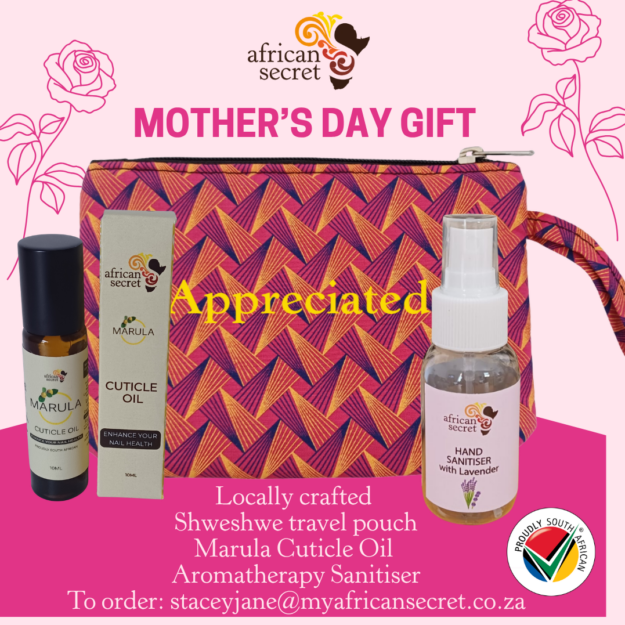 Shweshwe travel pouch with Marula Cuticle Oil & Lavender Sanitiser Spray